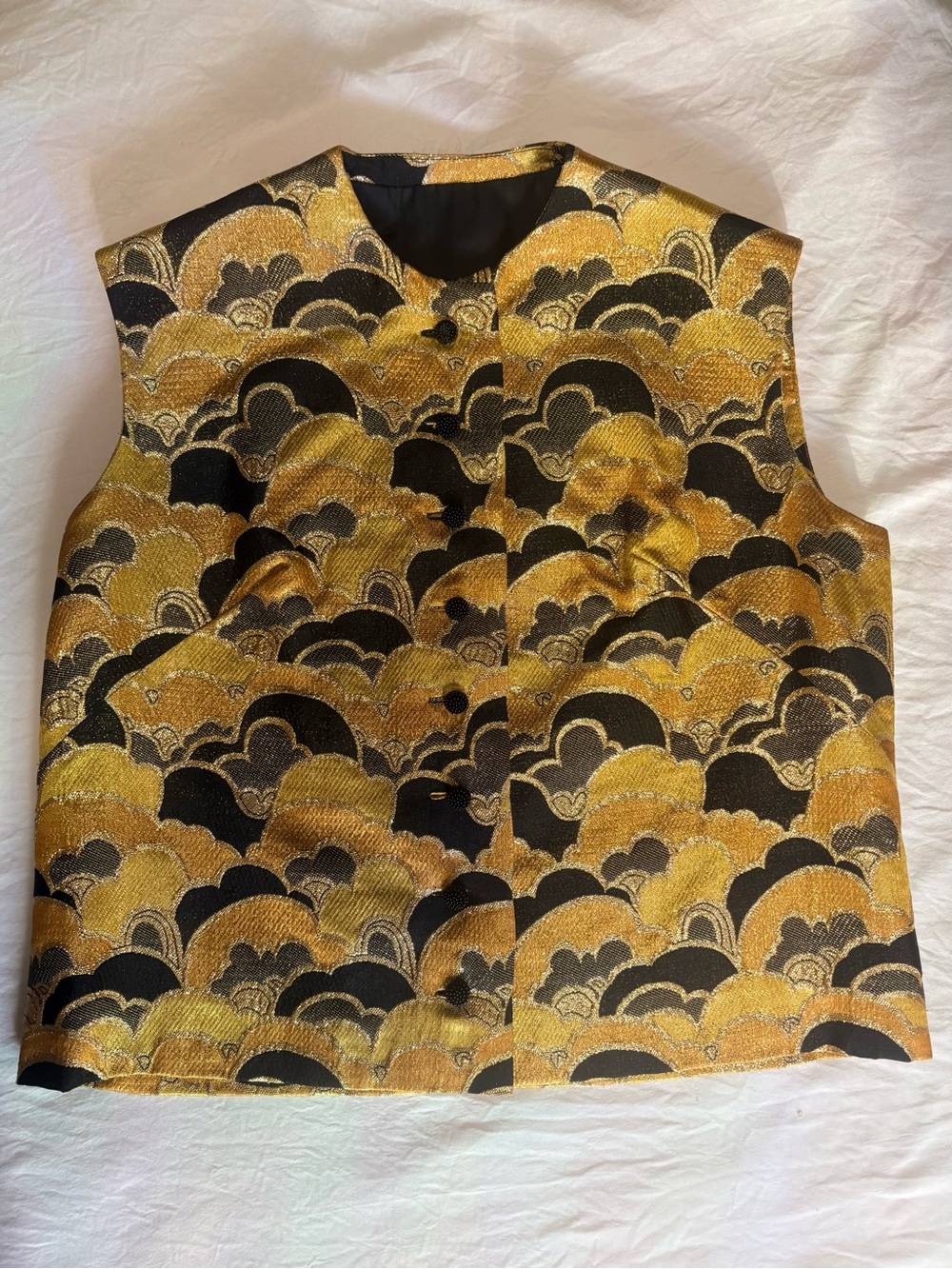 Vintage Brocade Sleeveless Vest in Gold and Black Metallic with Frog Closures - Picture 4 of 7